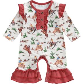 Muasaaluxi Western Baby Girl Clothes Ruffle Long Sleeve Romper Horse/Cactus Bodysuit Jumpsuit Bell Bottoms Fall Outfit 0-18M