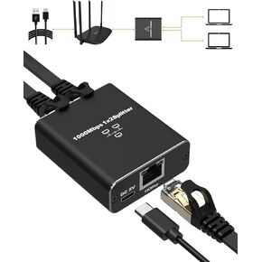 Ethernet Splitter 1 to 2 High Speed 1000Mbps RJ45 Ethernet Splitter LAN Splitter with USB Power Cable for Cat5/5e/6/7/8 Cable