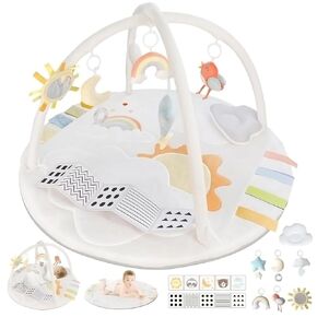 Baby Play Gym Tummy Time Mat with 6 Removable Hanging Toys,Promote Motor Skills & Sensory Development Mat，Baby Activity Mat Easy to Install & Clean