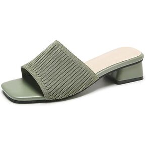 OXNEUHG Women'S Stretch Knitted Square Toe Chunky Low Heel Slides Sandals Fashion Outdoor Chunky Heel Open Toe Slip On Slippers Ladies Comfortable Casual Party Mule Dress Shoes