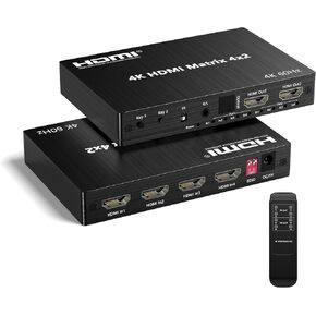 4K60Hz HDMI Matrix Switch Splitter 4 in 2 out, HDMI Switch with Remote Control, HDMI Switcher Selector 4x2 Support 3D Video, Audio LPCM/Dolby/DTS 5.1, 18Gbps, EDID