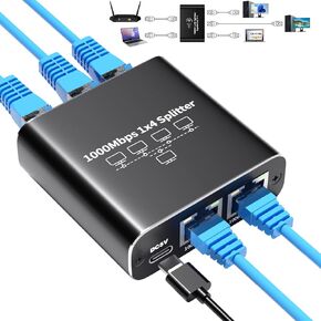 Ethernet Splitter 1 to 2 RJ45 100Mbps Network Adapter, LAN Splitter with USB Power Cable, Internet Splitter for Cat5/5e/6/7/8 Cable, 2 Devices Simultaneously Networking