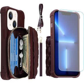 MONASAY Zipper Wallet Case Fit for iPhone 14 Plus/15 Plus, 6.7in[Screen Protector][RFID Blocking] Flip Leather Handbag Phone Cover with Card Holder&Detachable Crossbody Lanyard Strap, Black