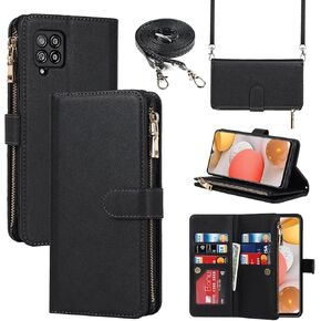 Jaorty for Samsung Galaxy A42 Phone Wallet Case for Women with Card Holder,Crossbody Galaxy A42 Case with Strap Lanyard,Zipper Pocket Magnetic Flip Leather Galaxy A42 Case,6.6" Purple