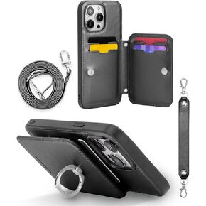 حافظة محفظة GOOSPERY Rich-Fit iPhone 14 Pro Max Crossbody لهاتف iPhone 14 Pro Max [يتضمن الحزام] مع مشبك مغناطيسي لحبل حامل البطاقة [حلقة مسند] حماية شديدة التحمل، أسود