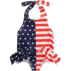 Toddler Girls 4th of July Halter Swim Rompers Swimwear Summer Sleeveless Ruffled Bodysuit One Piece Swimsuits