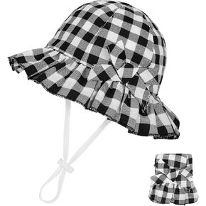 Zando Baby Sun Hat Toddle Cute Ruffle Brim Baby Beach Hat Cotton Checkered Baby Hats UPF 50+ Adjustable Bucket Hat for 0-2T
