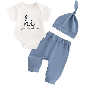 Newborn Baby Boy Girl Clothes Im New Here Printed Romper Bodysuit Pants Set with Hat Coming Home Hospital Outfits