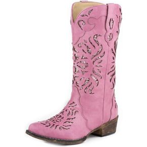 ROPER Womens Riley Glitz Tooled Inlay Snip Toe Casual Boots Mid Calf Low Heel 1-2" - Pink