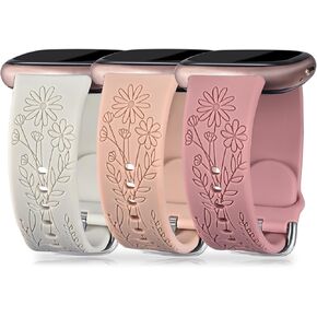 Engraved Silicone Bands Compatible with Fitbit Versa 4/ Fitbit Versa 3/ Fitbit Sense 2/ Sense Bands for Women Men, Soft Wildflower Sport Wristbands for SmartWatch Replacement Strap (3 Pack)