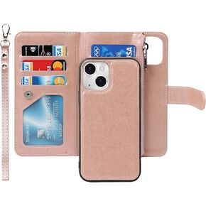 iCoverCase iPhone 13 Wallet Case with Card Holder, 2 in 1 PU Leather Magnetic Clasp Zipper Pocket Shockproof Detachable Flip Wrist Strap for (Blue), 13-Detachable--Blue