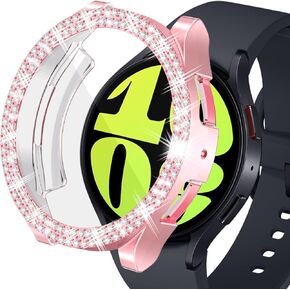 Bling Case Compatible with Samsung Galaxy Watch 6 40mm 44mm Sparkling Double Row Diamonds Flexible TPU Built-in HD Screen Protector Anti Scratch Bumper Cover for Women Girls（Black，40mm