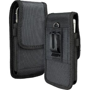 Nylon Cell Phone Holster with Belt Clip for iPhone 15, 15 Pro, 14, 14 Pro, 13, 13 Pro, 12, 12 Pro, 11, 11 Pro, XR, S24, S23, ID Card Holder Pen Holder Universal Pouch, Black -M