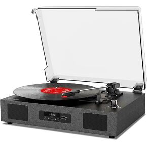 Vinyl Record Player with Speakers, Belt-Drive 3 Speed Vintage Bluetooth Turntable, USB Recording, AUX-in & RCA Line Out LP Player, Black