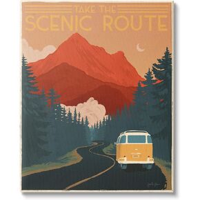 Stupell Industries Take The Scenic Route Phrase Retro Mountain Travel، صمم بواسطة Janelle Penner لوحة فنية جدارية من القماش، مقاس 16 × 20، برتقالي