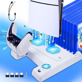 JZW-Shop PS5 Slim Stand with Cooling Station for PS5 Slim/PS5 Disc & Digital, PS5 Slim Controller Charger with 3-Level Cooling Fan, RGB Light, USB Hub and 11 Game Slots for PS5 Slim Accessories in Kuwait