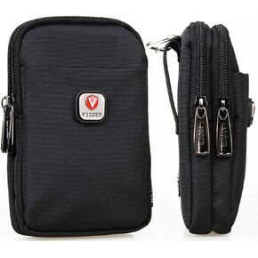 VIIGER Versatile Nylon Dual Phone Holster Cellphone Belt Case Holder Mens Belt Pouch w/Clip Smartphone Belt Loop Pouch Bag 2 Zipper Pockets Compatible with iPhone 15 Pro Max Case 14 Pro Max, black