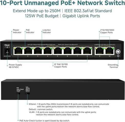 محول شبكة جيجابت DBIT ذو 10 منافذ مع 8 منافذ PoE+ @125W مع فتحتين كومبو SFP، محول PoE غير مُدار، متوافق مع 802.3af/at، سطح المكتب/التركيب على الحائط، التوصيل والتشغيل، وضع VLAN، حافظة معدنية بدون مروحة (WS2082A) in Kuwait