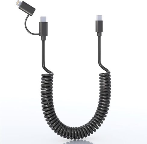 USB C and Lightning Cable 2 in 1 Dual Cable - 3A Fast Charging & Data Sync Apple CarPlay & Android Auto Coiled Short Durable Anti-Tangle iPhone Android Charger Cord Combo Lightning/Type C/USB A, 3FT in Saudi Arabia