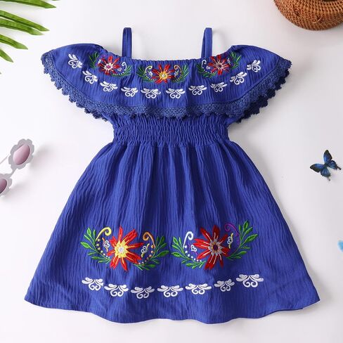 IMEKIS Toddler Girl Mexican Dress Off Shoulder Traditional Floral Embroidery Ethnic Wear Fiesta Dress Birthday Outfit in Saudi Arabia