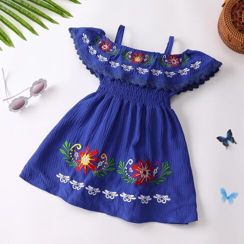 IMEKIS Toddler Girl Mexican Dress Off Shoulder Traditional Floral Embroidery Ethnic Wear Fiesta Dress Birthday Outfit in Saudi Arabia