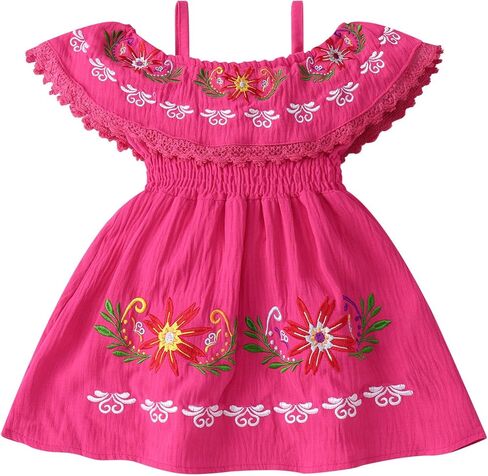 IMEKIS Toddler Girl Mexican Dress Off Shoulder Traditional Floral Embroidery Ethnic Wear Fiesta Dress Birthday Outfit in Saudi Arabia