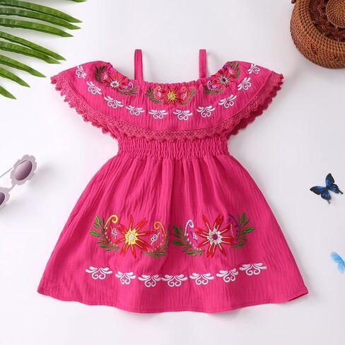 IMEKIS Toddler Girl Mexican Dress Off Shoulder Traditional Floral Embroidery Ethnic Wear Fiesta Dress Birthday Outfit in Saudi Arabia