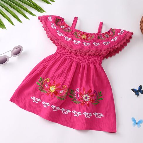 IMEKIS Toddler Girl Mexican Dress Off Shoulder Traditional Floral Embroidery Ethnic Wear Fiesta Dress Birthday Outfit in Saudi Arabia