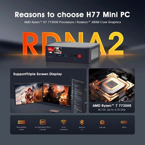 كمبيوتر صغير H66، كمبيوتر صغير للألعاب 6600H AMD Ryzen 5 أجهزة كمبيوتر صغيرة 8C/16T و32 جيجابايت من ذاكرة الوصول العشوائي 512 جيجابايت NVMe SSD كمبيوتر سطح المكتب صغير، Wi-Fi6E، BT5.2، شاشة ثلاثية 4K، USB4 8K@60، 2.5G LAN in Kuwait