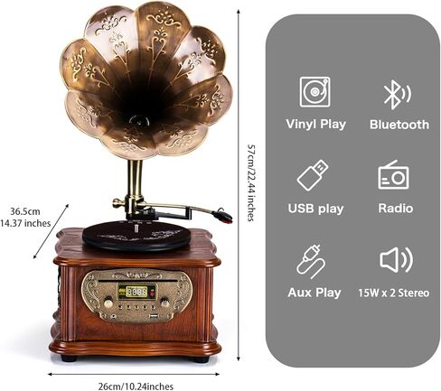 Wooden Phonograph Gramophone Turntable CD Player Stereo System Control 33/45 RPM FM AUX USB Ouput Bluetooth 4.2 … … in Saudi Arabia