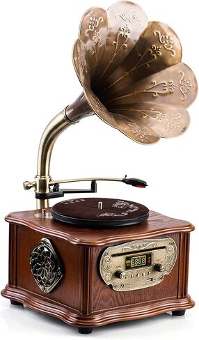 Wooden Phonograph Gramophone Turntable CD Player Stereo System Control 33/45 RPM FM AUX USB Ouput Bluetooth 4.2 … … in Saudi Arabia