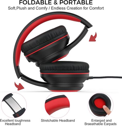 RORSOU K9 Kids Headphones with Microphone, Folding Stereo Bass Headset with 1.5M No-Tangle Cord for Children/Teens/School/Adults, Portable Wired Headphones for Smartphone Tablet Computer MP3/4 (Black) in Saudi Arabia