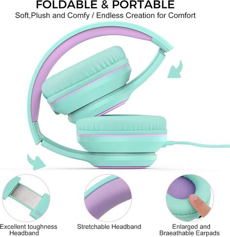 RORSOU K9 Kids Headphones with Microphone, Folding Stereo Bass Headset with 1.5M No-Tangle Cord for Children/Teens/School/Adults, Portable Wired Headphones for Smartphone Tablet Computer MP3/4 (Black) in Saudi Arabia
