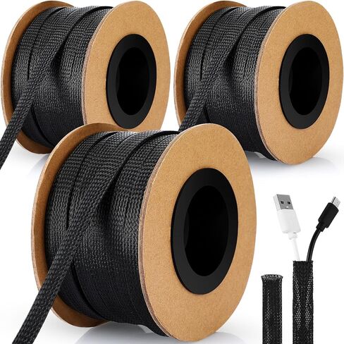 Pangda Braided Wire Loom 1/4, 1/2, 3/8'' X 300 Ft, Black | PET Mesh Wire Loom, Expandable Braided Wire Sleeve, Cable Sleeving, For TV Computer Home Theater in Kuwait