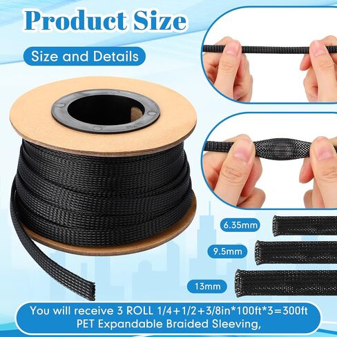Pangda Braided Wire Loom 1/4, 1/2, 3/8'' X 300 Ft, Black | PET Mesh Wire Loom, Expandable Braided Wire Sleeve, Cable Sleeving, For TV Computer Home Theater in Kuwait