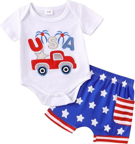 Newborn Baby Boy 4th of July Outfit Letter Short Sleeve Romper Tops Shorts Sets Cute American Flag Summer Clothes in Saudi Arabia