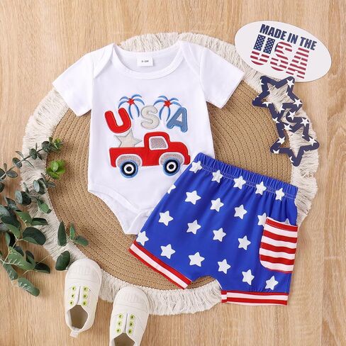 Newborn Baby Boy 4th of July Outfit Letter Short Sleeve Romper Tops Shorts Sets Cute American Flag Summer Clothes in Saudi Arabia