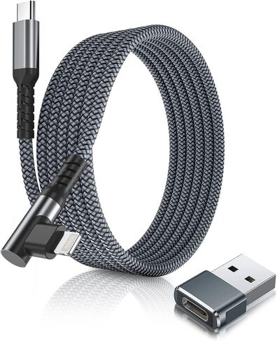 كابل شاحن Basesailor USB C إلى Lightning بزاوية يمين 10 أقدام مع محول USB A، سلك شحن سريع 90 درجة iOS نوع C PD لأجهزة Apple iPhone 13 12 11 14 Mini Pro Max وSE وAirPods وiPad الجيل الثامن والتاسع in Kuwait