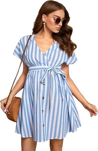OYOANGLE Women's Maternity Striped Button Front Wrap V Neck Short Sleeve Belted Dress in Saudi Arabia