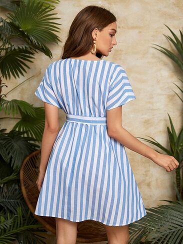 OYOANGLE Women's Maternity Striped Button Front Wrap V Neck Short Sleeve Belted Dress in Saudi Arabia