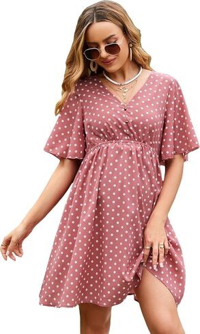 OYOANGLE Women's Maternity Striped Button Front Wrap V Neck Short Sleeve Belted Dress in Saudi Arabia