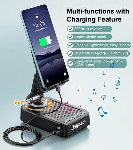 Gifts for Men Women, Joymate Bluetooth Speaker Phone Stand with Charging Function 360° Rotable Adjustable Cell Phone Holder HD Surround Sound for Desk Fits All Phones,Tablet (Black) in Saudi Arabia