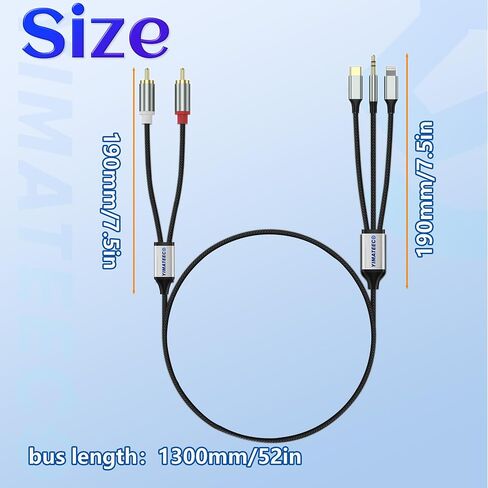 RCA Audio Cable, 3.5mm/USB Type C/Lightning to 2 RCA Audio Cable Stereo Aux Cord for TV, Mobile Phone, MP3, Speaker, Hi-Fi Amplifier, Compatible with iPhone Lightning(3In1 Audio Cable) in Saudi Arabia