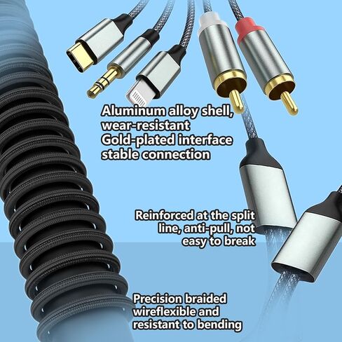 RCA Audio Cable, 3.5mm/USB Type C/Lightning to 2 RCA Audio Cable Stereo Aux Cord for TV, Mobile Phone, MP3, Speaker, Hi-Fi Amplifier, Compatible with iPhone Lightning(3In1 Audio Cable) in Saudi Arabia