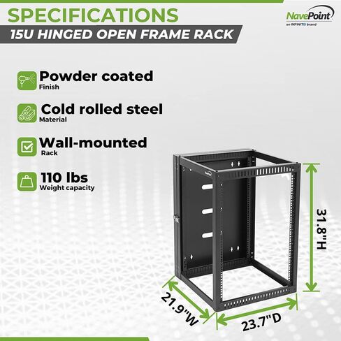 NavePoint 9U Wall Mount Server Rack with Hinged Back, 4-Post 24" Deep, Rear Swing Frame 9U Network Rack Wall Mount for 19 Inch Equipment AV IT Easy Cable Management, Black in Saudi Arabia