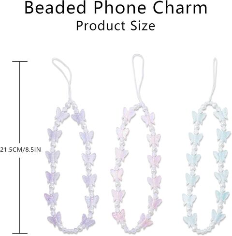 3 PCS Beaded Phone Charm, Stationery Butterflies Decoration Y2K Beaded Strap, Phone Lanyard Wrist Cute Phone Chain Aesthetic Phone Strap Keychain Charm for Women Girl Gifts in Saudi Arabia