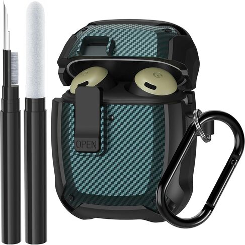 for Google Pixel Buds Pro Case 2022 with Cleaner Kit, Military Hard Shell Protective Armor Cover with Lock & Carabiner for Google Pixel Pro Earbuds, Black in Saudi Arabia