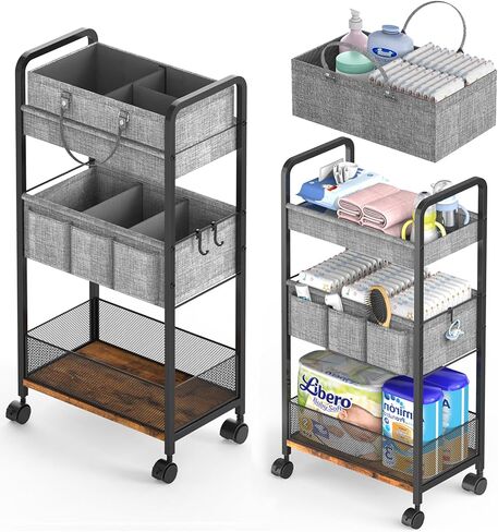 2In1 Baby Diaper Caddy & 3-Tier Rolling Diaper Cart, Diaper Caddy Organizer Cart with Dividers, Metal Detachable Bedside Cart for Baby Nursery Essentials, Large Capacity, Easy to Assemble in Saudi Arabia