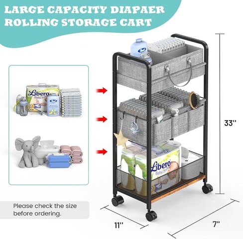 2In1 Baby Diaper Caddy & 3-Tier Rolling Diaper Cart, Diaper Caddy Organizer Cart with Dividers, Metal Detachable Bedside Cart for Baby Nursery Essentials, Large Capacity, Easy to Assemble in Saudi Arabia