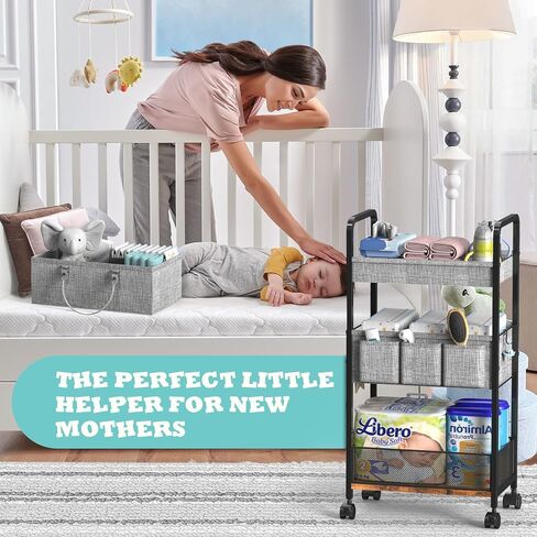 2In1 Baby Diaper Caddy & 3-Tier Rolling Diaper Cart, Diaper Caddy Organizer Cart with Dividers, Metal Detachable Bedside Cart for Baby Nursery Essentials, Large Capacity, Easy to Assemble in Saudi Arabia
